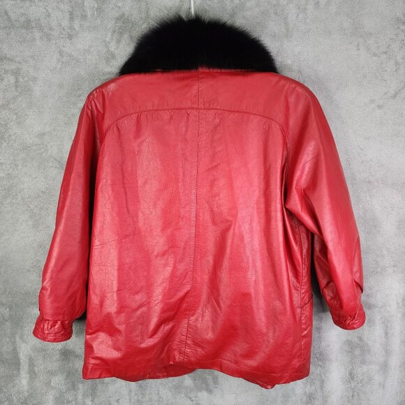 Vintage Red Leather Coat with Black Fox Fur Collar & Large Pockets Size XXL - Picture 8 of 10